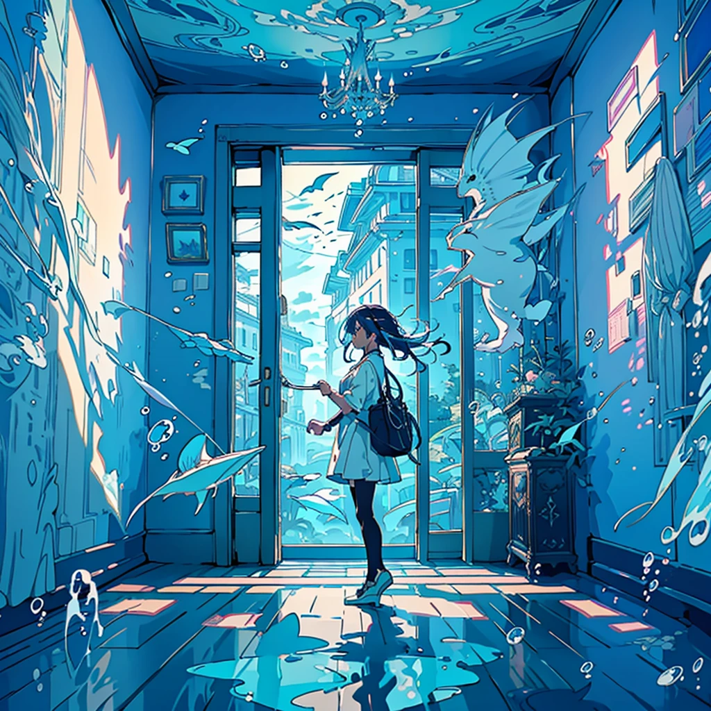 1girl、Absurd、Unreal、Fantasy、(((Highest quality、Masterpiece、Official Art、Super detailed、The best composition)))、Anime Style、an underwater city、Swimming towards the entrance to another world、mysterious、