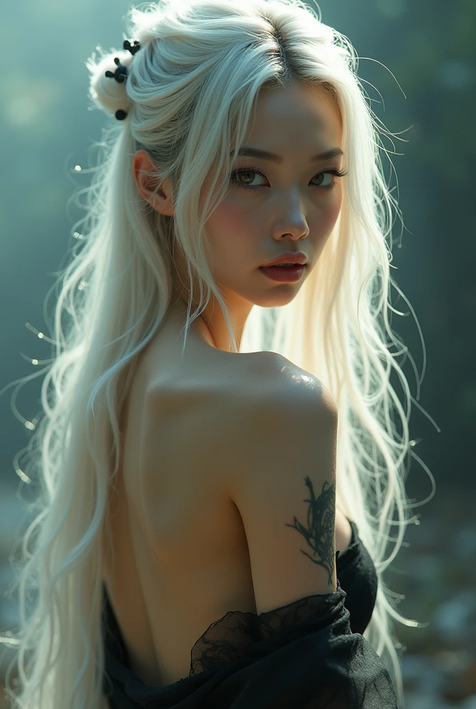Woman, curly silver hair, pale skin, sleeping in a Forest 