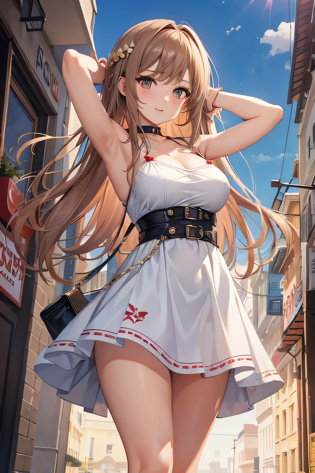 game , Goddess of Victory nods, neat , light brown hair,  captivating eyes ,beautiful face , beautiful Brown Eyes ,  long hair ,Red plain color spaghetti strap dress, Selfie Wind, 1 handbag,G-cup breasts, slim waist, Alluring thighs, Five fingers on each hand, Two hands ,two legs , in town, date, standing, beautiful, high heel, daylight, city street, One hand behind the head, armpit