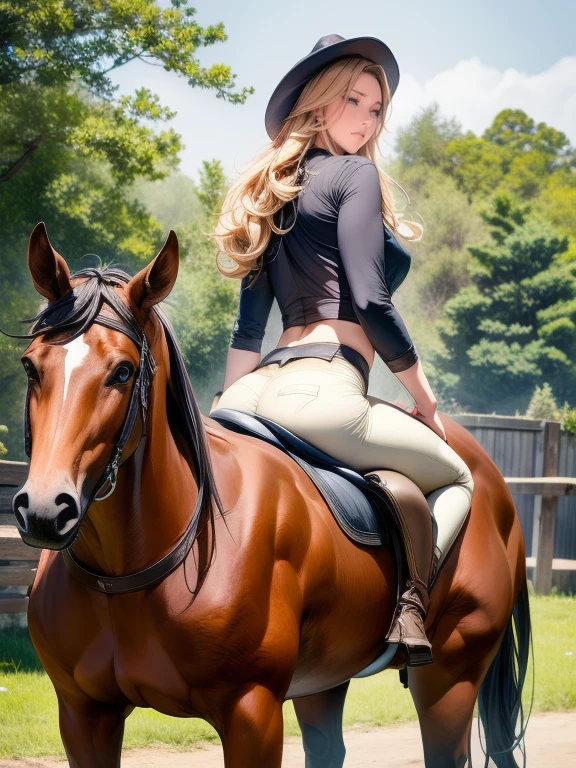 Standing next to a black horse, she is wearing a fitted brown top and beige riding pants paired with tall black riding boots. Her long, wavy blonde hair cascades down her back. The scene takes place outdoors, likely at a stable with a building and some trees visible in the background. She appears to be in a natural, relaxed pose, with her gaze resting on the horse. The lighting is even and natural, contributing to a calm and serene atmosphere.