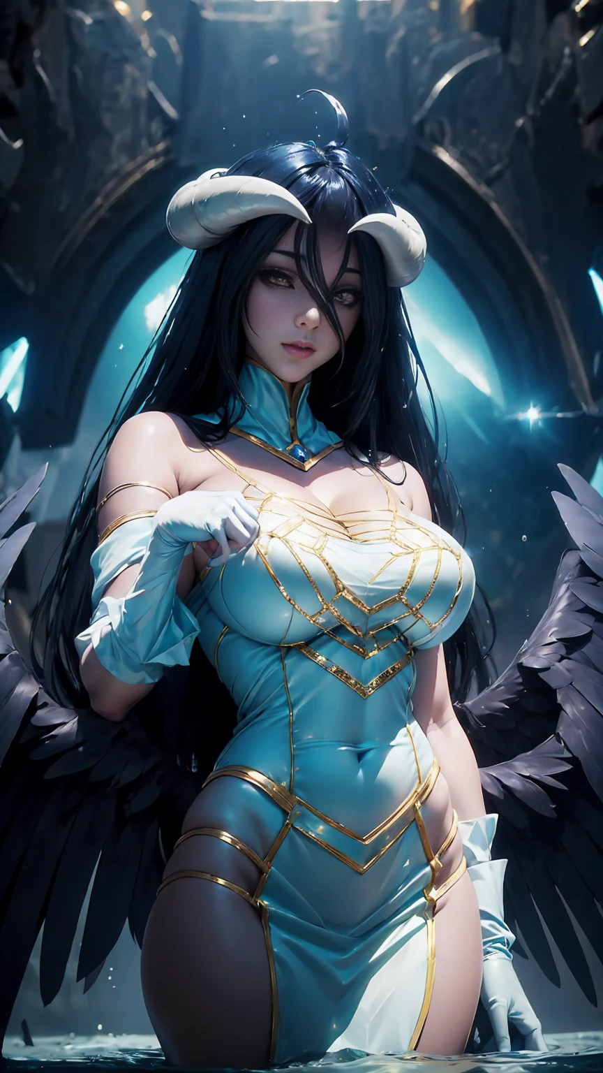 ((top-quality, 8K, masterpiece:1.3)), A detailed eye, (looking at from the front), Look at the camera, ((Everything is sparkling、reflecting light:1.2)), (Best Ratio: 4 fingers, 1 thumb), (portrait), 1 person, albedo ((overlord)), Beautiful woman with perfect body, Highly detailed facial and skin texture, sexy posing, outdoor, city times square, wearing a short skirt, wearing accessories on head, wearing a light blue shirt, all fingers pointing at viewer,