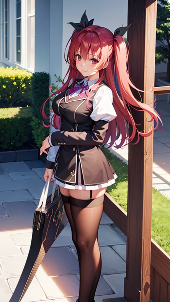 ​masterpiece、top-quality、1 girl in、stella vermillion、Uniforms、garter strap、black thighhighs、self-assured、Smiling school courtyard、is standing、cowboy  shot、a smile