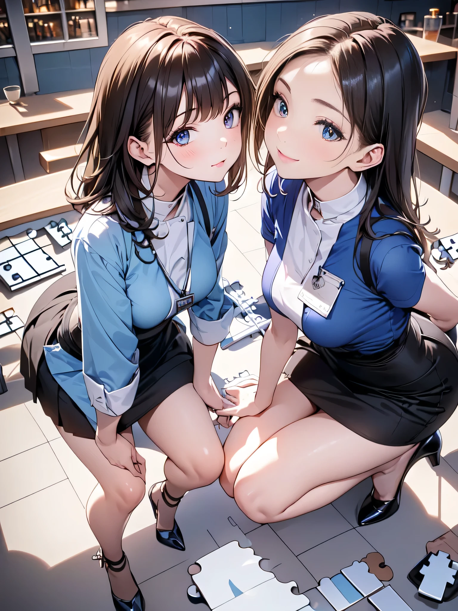 2 girls, office, (standing:1.1), 22-year-old, (Small breasts:1.3),(skinny:1.2),(short sleeve blue sweater:1.2),AKB48,nogizaka46,smile,beautiful girl,highest quality,High resolution,be familiar with,perfect anatomy,beautiful and fine eyes,office Chair,office Desk,laptop,bob cut,(smile:1.2),(open legs:1.3),(fullnude:1.8),(show pussy:1.6),(cowboyshot:1.2),