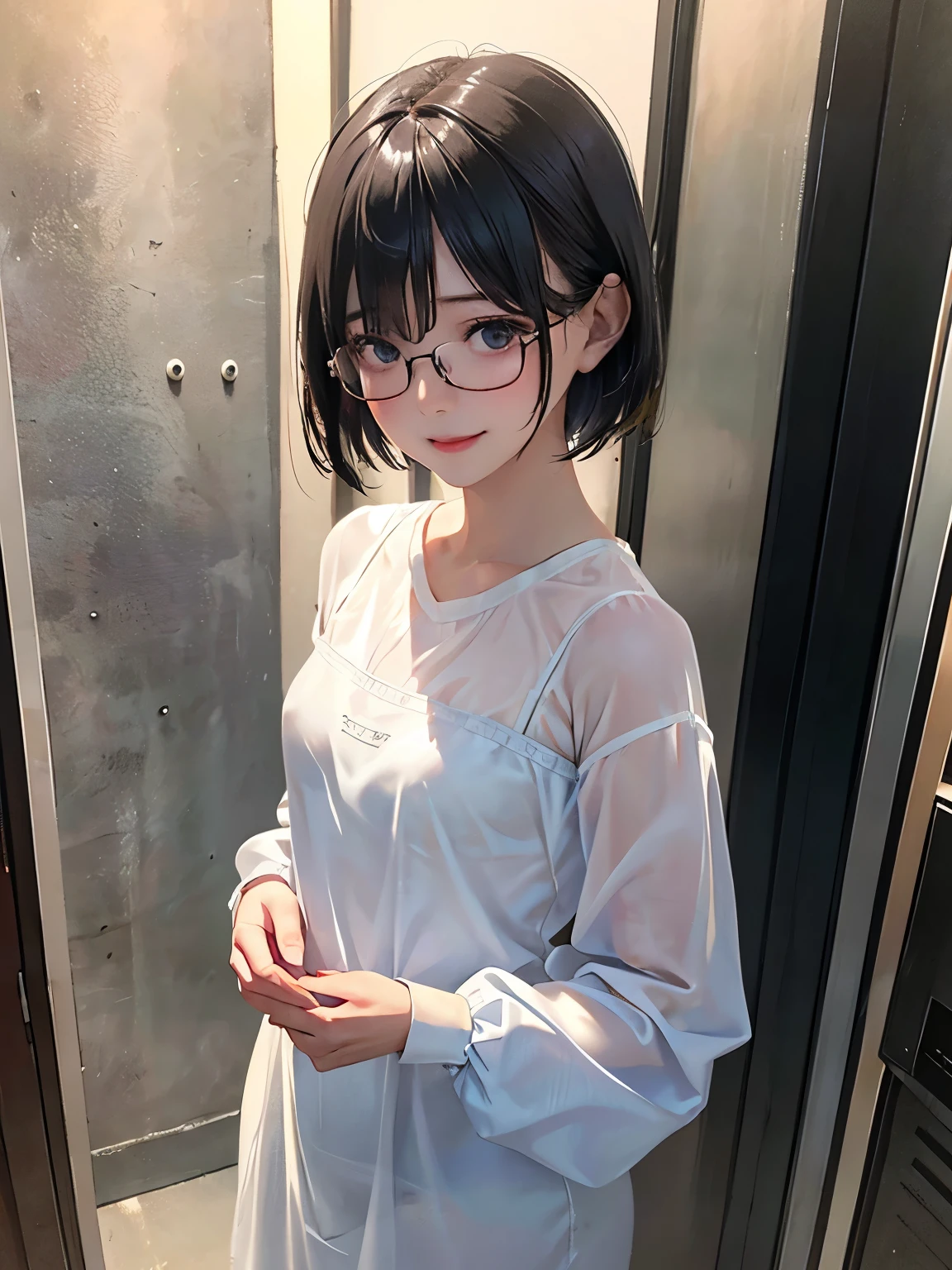 OL、2、slender、Glasses、Beauty、Bob Hair、Tank top、draw a thin line、Small breasts、blush、Embarrassed、sexy、See-through、Nipples visible、Pulling on clothes