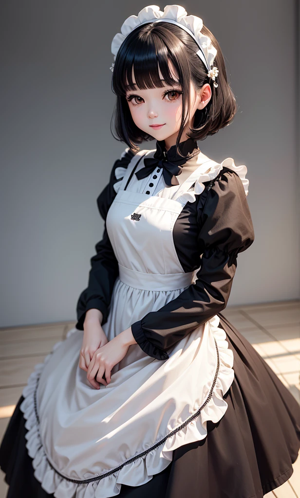 (8k, Photorealistic: 1.2, Raw photo: 1.2, Highest quality: 1.4),Japanese idol-style beautiful girl,model,1 person,18-year-old,(Short Bob),(Black Hair :1.1),She has her hair tucked behind her ears,Headband,Clear grey eyes,Long eyelashes,(piercings(small)),(Lip gloss),thin long neck,(Maid clothes(Frills,y long skirt)),(layer),Western-style building terrace,Garden gazebo,Preparing tea,Full body portrait