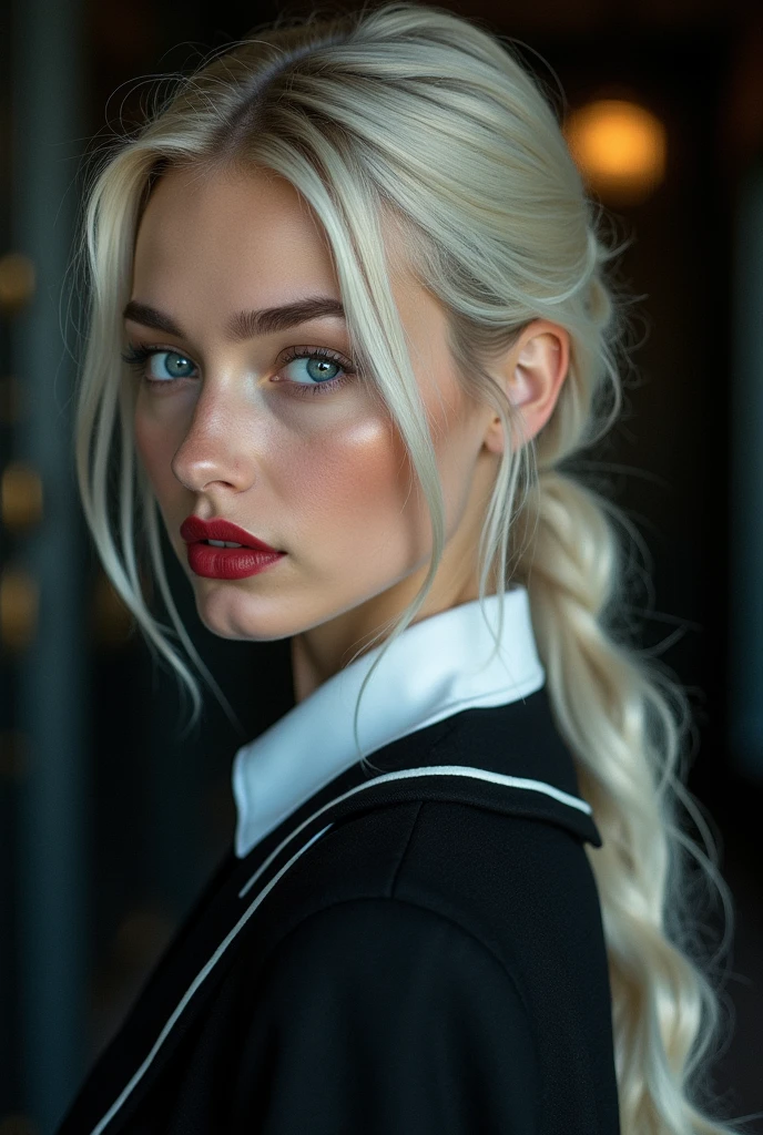 1 woman, inside a city at night, wearing a dark blue dress with a high collar and long puffy sleeves (feminine dark brown eyes), detailed fair skin, white hair tied in a ponytail and hair parted in the middle with strands of hair falling on the sides of her face, large breasts, dramatic lighting, cinematic composition, dark palette, dark colors, atmospheric haze, thin chin, sarcastic and smiling face, serious face, beautiful woman, adult woman, ultra realistic, adult woman (best quality, 4K, 8K, high resolution, art : 1.2), ultra detailed (realistic, photorealistic, photorealistic : 1.37)(((a woman with white hair tied in a ponytail and hair parted in the middle with strands of hair falling on the sides of her face 1.7)))(((very beautiful))), perfect face, dark and cool palette, 8K, bright red lips, extremely detailed (high quality, realistic, photorealistic : 1.37), ideal proportions and detailed skin and defined and meticulously crafted features, unapproachable beauty, perfection, artistry, vivid realism, hyper-detailed sculpting, lifelike forms, truly awe-inspiring, impeccable craftsmanship, serious facial expression, pure brilliance, ethereal beauty, delicate contours, striking poses, sublime beauty, subtle nuances, dynamic compositions, vibrant colors, perfect lighting, moving expressions, heavenly aura, majestic presence, dreamlike atmosphere, unmatched high level of detail, high-octane rendering on artstation, 8k art photography, photorealistic concept art, volumetric cinematic soft natural light, chiaroscuro, f