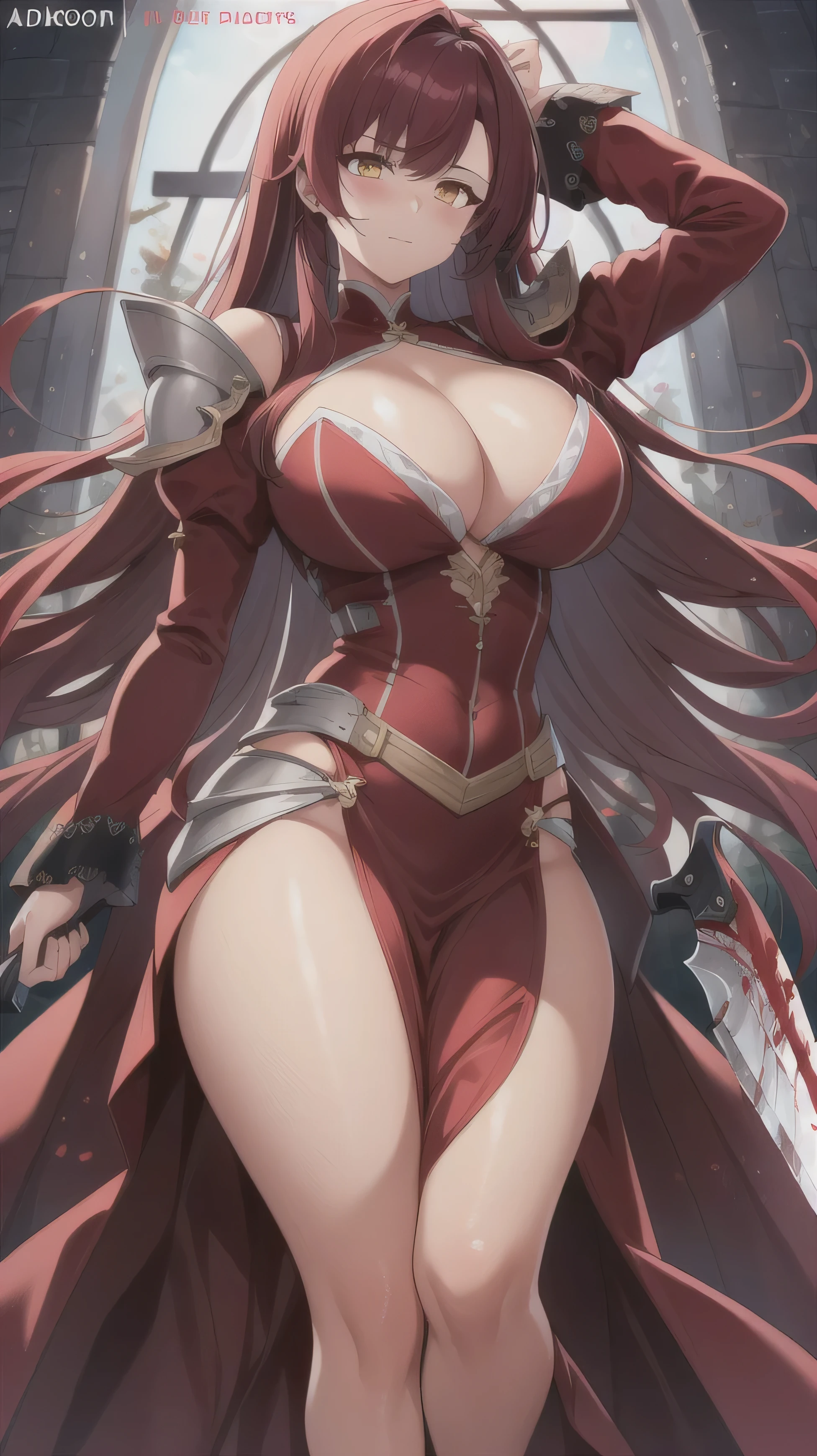 masterpiece,best quality,kim_kwang_hyun, 1girl,AkagiV5 , extremely Long  hair, blood-red colored hair, Bangs, ribbon, chunky, solo, blood-red colored  hair, large huge breasts, looking at viewer, shiny yellow eyes, blood-red colored hair, big boson, large huge breasts, long sleeves, dress, cleavage, closed mouth, weapon ((2bladed knife)), puffy sleeves, arm up, clothing cutout, copyright name, red dress, cleavage cutout, juliet sleeves , power armor, shoulder armor, Long hair,  blood-red colored hair, shiny yellow eyes, ribbon