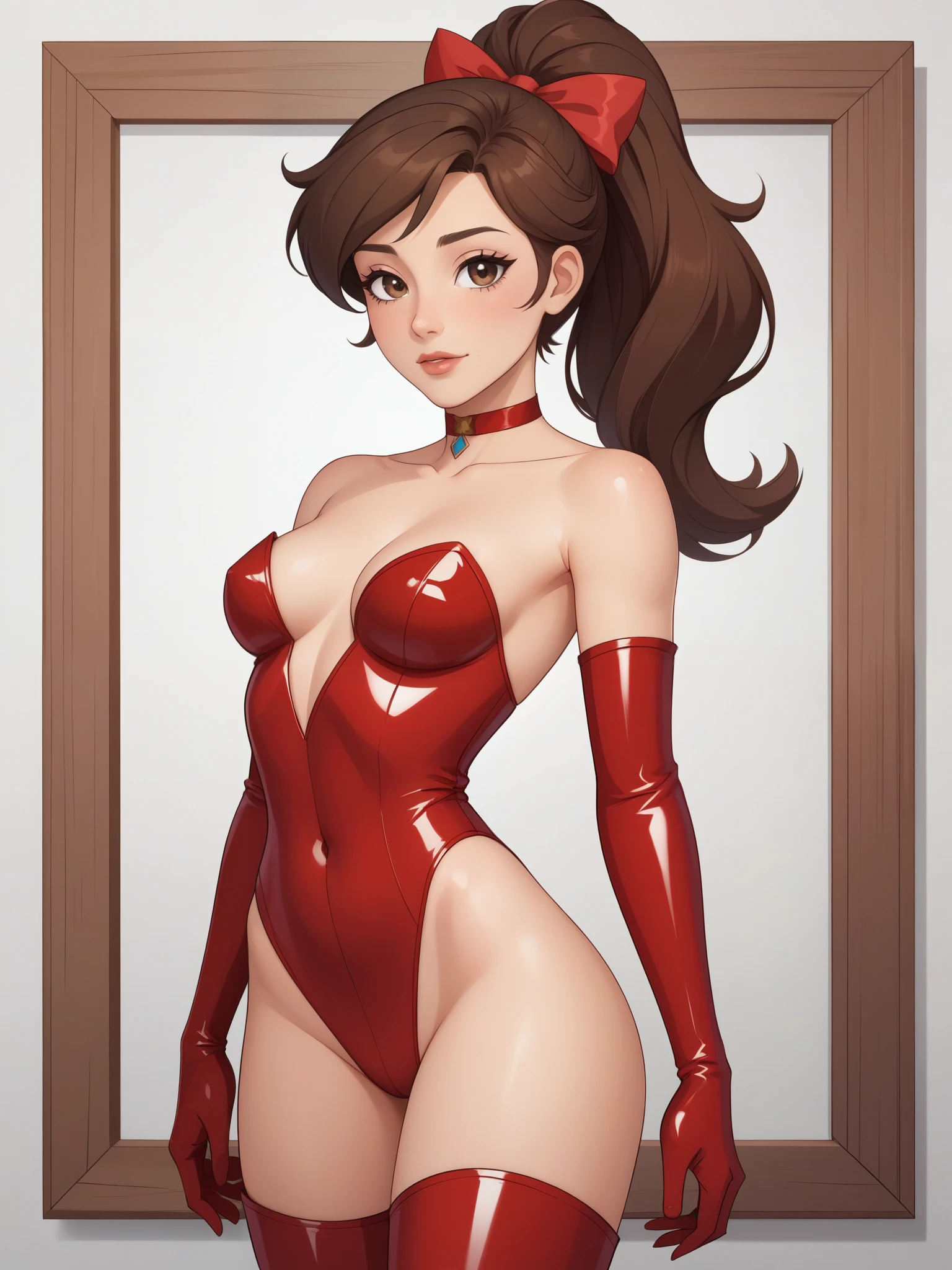 Princess Marco. brown eyes, brown hair, ponytail. small breasts. slim body. choker. bow. red latex suit. topless. thigh-high boots
