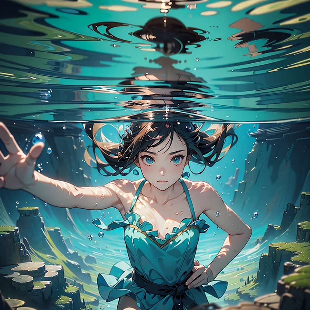 1girl、Little、cute、Absurd、Unreal、Fantasy、(((Highest quality、Masterpiece、Official Art、Super detailed、The best composition)))、Anime Style、an underwater city、Swimming towards the entrance to another world、mysterious、Face close-up、