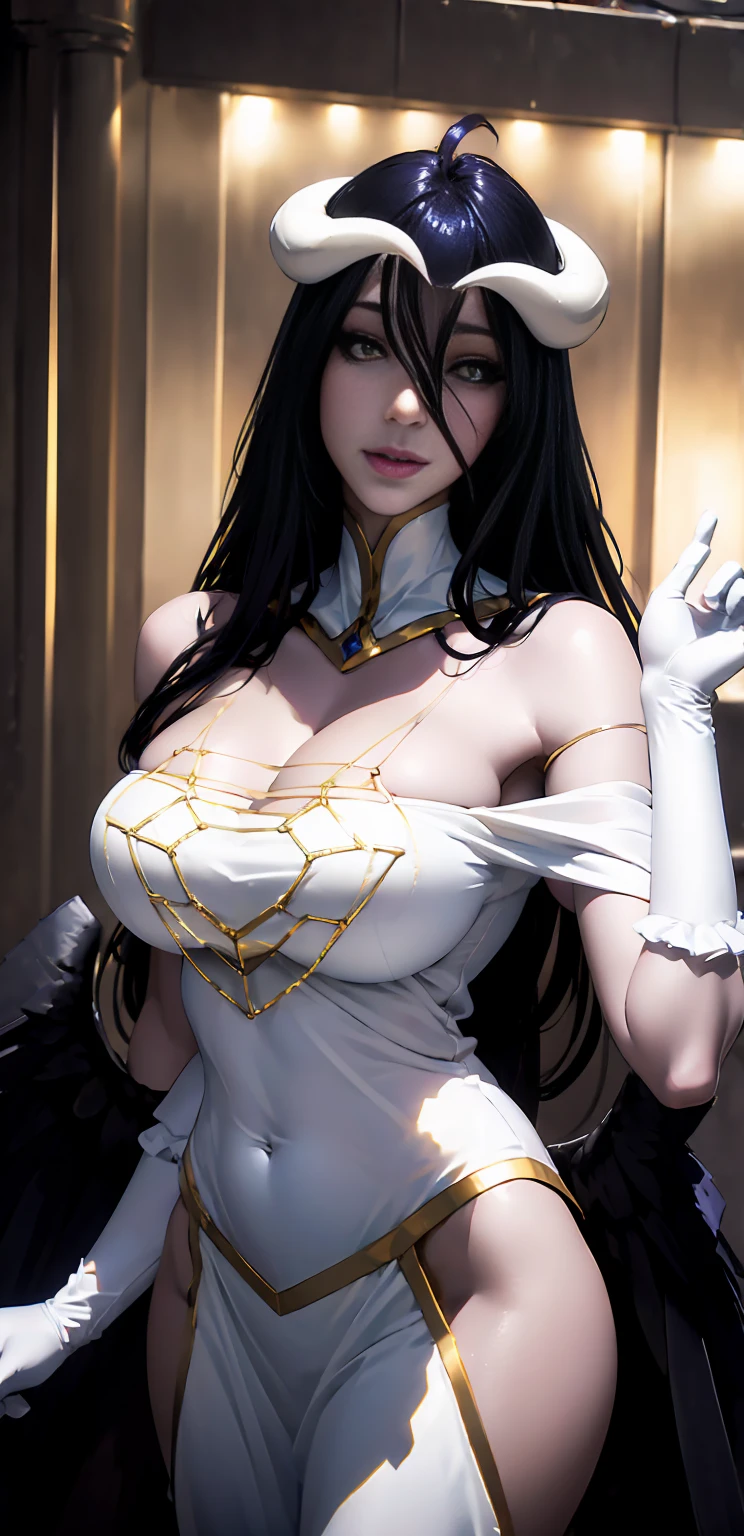 ((top-quality, 8K, masterpiece:1.3)), A detailed eye, (looking at from the front), Look at the camera, ((Everything is sparkling、reflecting light:1.2)), (Best Ratio: 4 fingers, 1 thumb), (portrait), 1 person, albedo ((overlord)), Beautiful sexy woman with perfect sexy body, Highly detailed sexy facial and sexy skin texture, sexy posing, beautiful outdoor, city times square, sexy goddess hair, wearing a perfect sexy outfit, all fingers pointing at viewer,