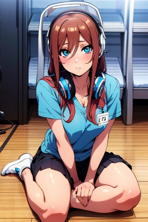 best quality, masterpiece, highres, solo, {nakano_miku_gotoubunnohanayome:1.15}, long_hair, brown_hair, bangs, hair_between_eyes, blue_eyes, headphones_around_neck, headphones, blush, closed_mouth, shiny_hair，supright straddle，cum in pussy，((vaginal,sex))，excessive cum，sweat，girl trembling with sexual climax，breast milk