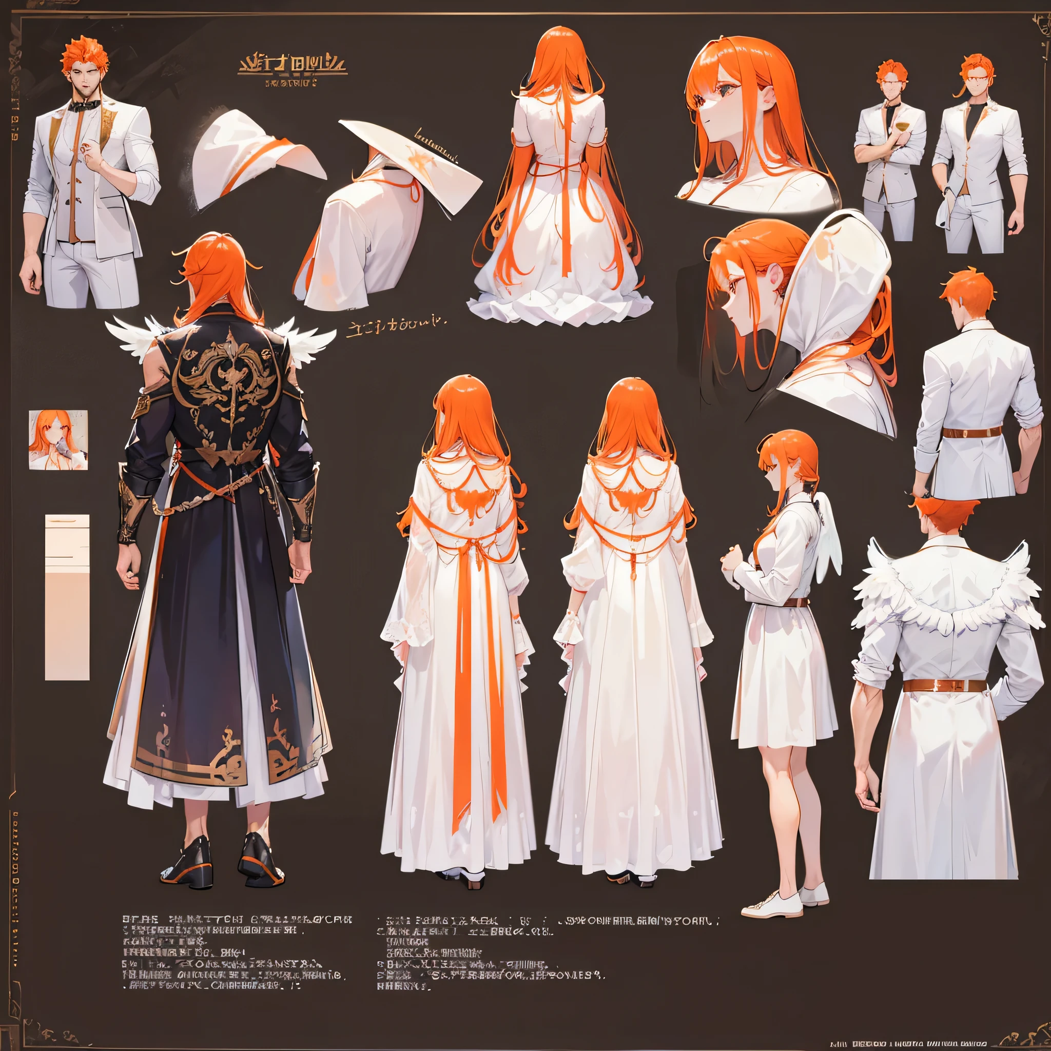 (Masterpiece, best quality), detailed, 1 man, ((character concept art)), ((character design sheet, same character, front, side, back)), full body, body complete, 1 Male angel, 1 Man angel, Detailed face, character design sheet,full bodyesbian, Highly detailed, character sheet, character design, Many parts, dark skin, angel wings, long ponytail red hair, angel outfit, muscle male god, male clothes, masculine, muscle man, male muscle, manly, male angel, Muscle male with long ponytail red hair,beautiful man, beautiful muscle man