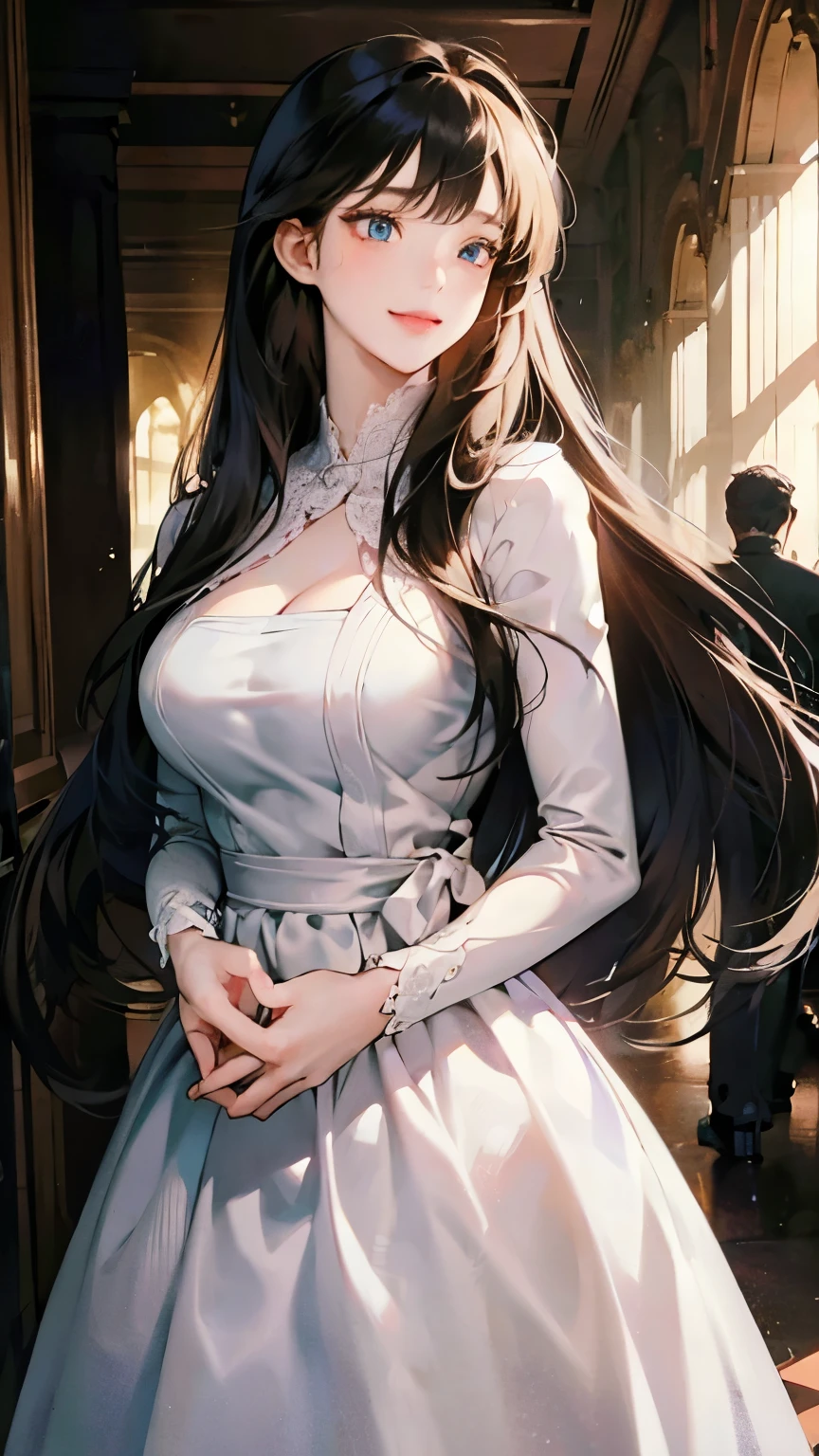 { masterpiece : best quality : high resolution : unity 8k wallpaper : illustration : beautiful detailed eyes : extremely detailed face : perfect lighting : extremely detailed CG : perfect hands : perfect anatomy } { high_class_ballroom : crowds} { } { 1girl: ager : girl_possessed_by_Creepy_otaku : elegant_long_dark_hair : blunt_bangs : cute_face : Perfectly_shaped_breast : Perfectly_fit_body : sophisticated : sweet_laugh : elegant_highclass_dress } { standing : talking_to_crowds}