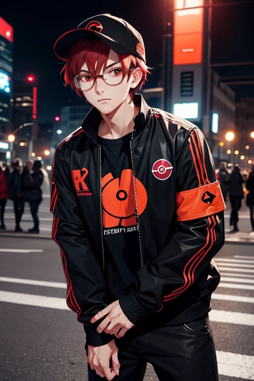 adult boy with red hair and red eyes, holds a pokeball in his hands. shorth hair, orange eyes, baseball cap with a pokeball symbol, black clothing, city at night, urban landscape, mighty. In front of a large entrance. One arm extended forward and the other in the pocket, wearing an black jacket and a pair of glasses above his cap. Your ear having a crystal earring. On your forearms, visible three special bracelets, each with a different symbol, all technological.
