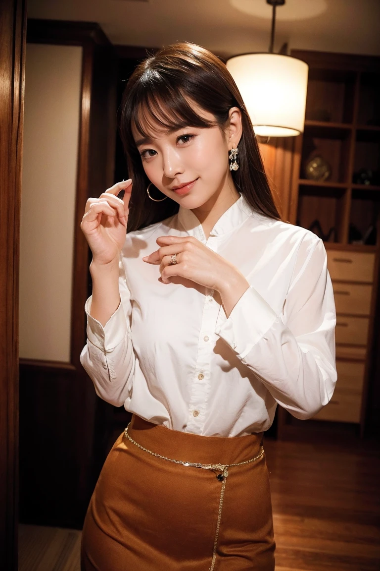 20th generation、office lady、Hair Bun、Brown Hair、Frilled blouse、Bust D cup、smile、Lift up your shirt、undressing
changing clothes