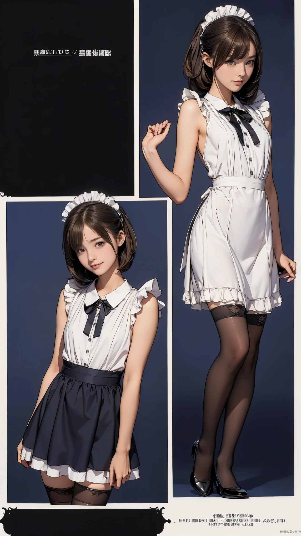((masterpiece)),(((highest quality))),((Reference Sheet, Character Design, front, return, ~ ~ side, Mr..々Hairstyle, Mr..々Performance, Facial Expressions)), 14-year-old girl, Cute type, The best smile:1.5,(Very slim:1.4), (Very small ass:1.4), Realistic buttocks, Medium chest,Short brown hair with side waves,Short Bob, Thin thighs, Long legs, It's not a big deal, ((Dress and stockings, Gorgeous maid, Maid clothes,Hair Ribbon)), ((Browsing Caution:1.0))