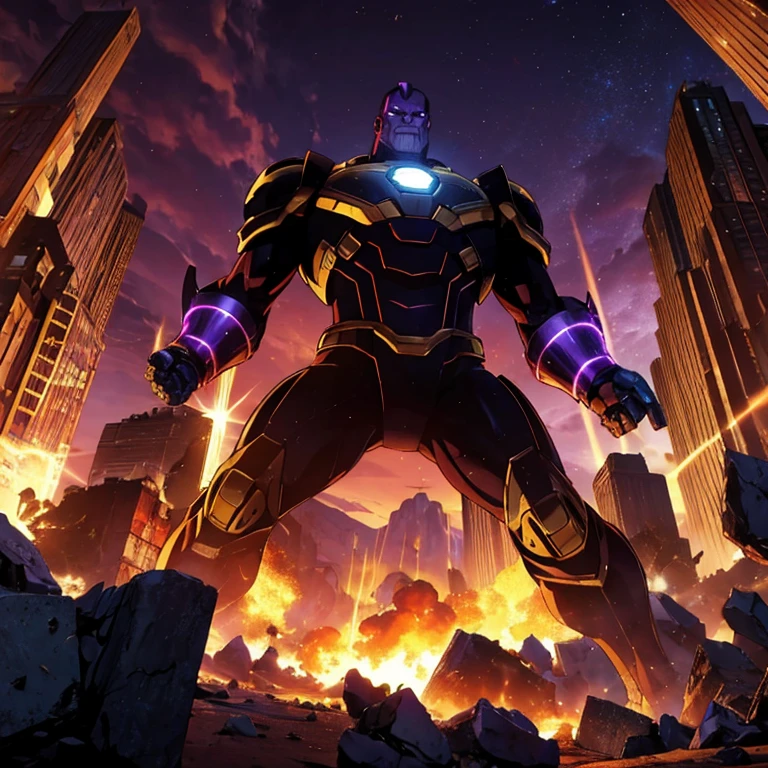 1 man, high, Thanos with armor and infinity stones, standing on top of destroyed robots, in an apocalyptic world, anime style 