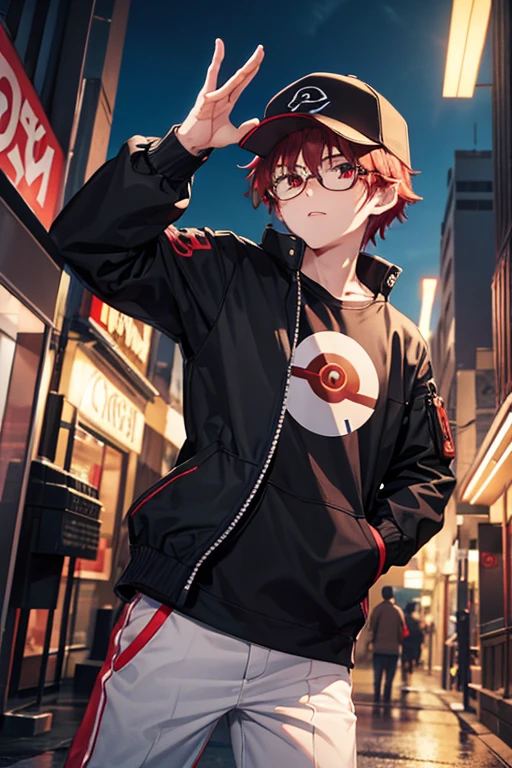 adult boy with red hair and red eyes, holds a pokeball in his hands. shorth hair, orange eyes, baseball cap with a pokeball symbol, black clothing, city at night, urban landscape, mighty. In front of a large entrance. One arm extended forward and the other in the pocket, wearing an black jacket and a pair of glasses above his cap. Your ear having a crystal earring. On your forearms, visible three special bracelets, each with a different symbol, all technological.
