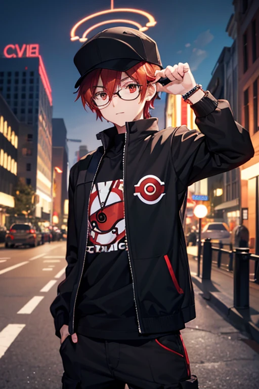  boy with red hair and red eyes, holds a pokeball in his hands. shorth hair, orange eyes, baseball cap with a pokeball symbol, black clothing, city at night, urban landscape, mighty. In front of a large entrance. One arm extended forward and the other in the pocket, wearing an black jacket and a pair of glasses above his cap. Your ear having a crystal earring. On your forearms, visible three special bracelets, each with a different symbol, all technological.
