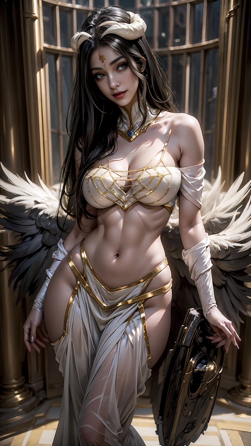 fantasy, 1angel_girl, brown_hair, short_ponytail, (dark_skin)+, bare_shoulder, (bare_navel)0.8, bare_thighs,silver_shiny_armor, white_clothes,waist_armor, greave, hold_sword, medium_breasts, angry, (dynamic_pose_fighting, floating)+, (1pair_white_wings)+, city_sky_background,(pelvic_curtain)++, circlet,slightly_spread_legs, multiple_swords_floating_around_the_girl