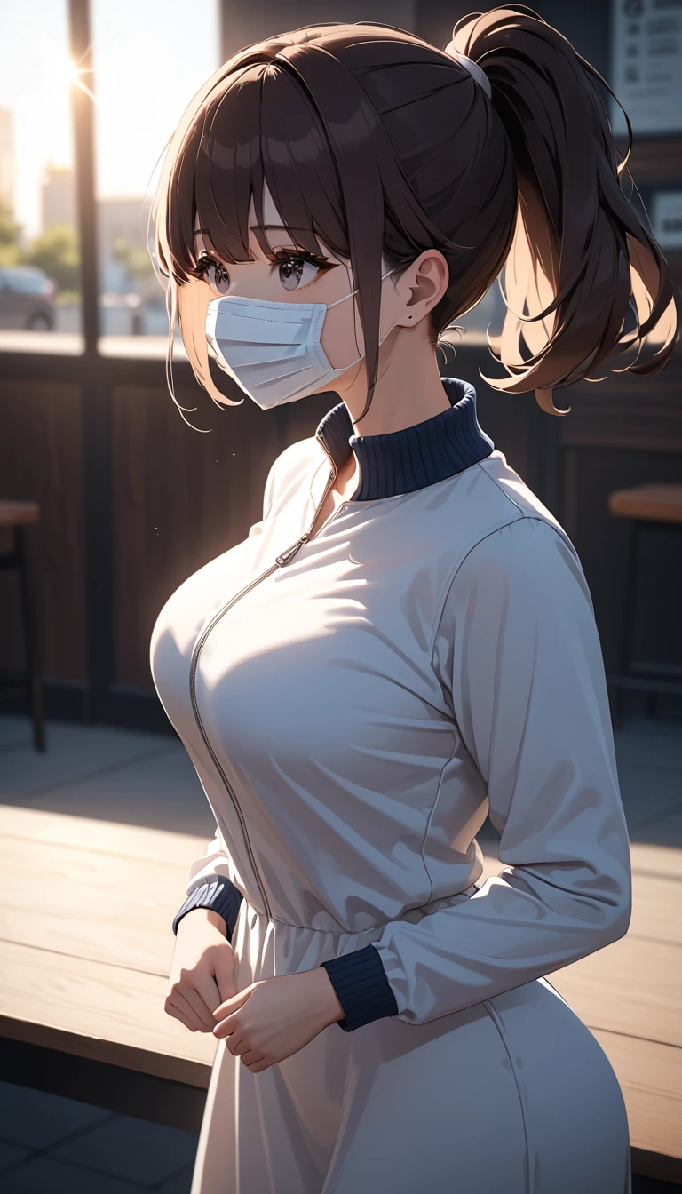 (SFW:1.5)、(Mastepiece、masterpiece, highest quality, Complex)、 Kyoka Tachibana, ((1 female、curvy hair)), Beautiful Eyes、((Long eyelashes))、 Beautiful Face, Perfect big round ass, Fit and body, at last, Pale skin, blue eyes, ((Black Mask:1.5, naked, Bursting huge breasts:1.4, Nipples, Pussy, pubic hair, Steam from the body、Sweat)), Captivating smile, Mischievous face、Embarrassed look, blush, Excited, (Voice of the Heart, got it、Breathtakingly beautiful, Sound effect) 、(Full body image、Accessory stand)、stylish、Genuine、At a hot spring inn、((Mature Woman))、Small face、((glamorous、Adult))、((hair over one eye:1.2))、Beautiful illustrations, Natural Side Lighting, Realistic lighting、pussy juice、(Realistic, photoRealistic:1.4)