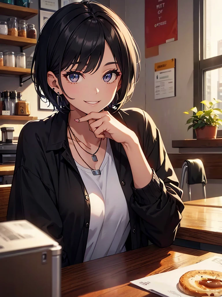 1girl, solo, mature female, brown hair, (hair over one eye:1.2), hair over left eye, short hair, messy hair, pixie cut, asymmetrical bangs, hair between eyes, green eyes, blue shirt, bare shoulder, collarbone, cleavage, black skirt, tokyo, mall, sitting, table, hand on table, cafe, indoors, light smile