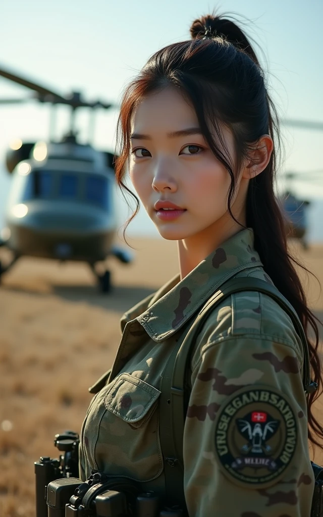 camouflage uniform、fullnude、barechested、Illuminated by the setting sun、at the sunset、Orange sunset、Mole、Sad face、Rough skin、acne switching body、crawl forward、Military Personnel、camouflage uniform、female pervert、hotpants、A dark-haired、Cuffedで拘束されている、Cuffed、confinement