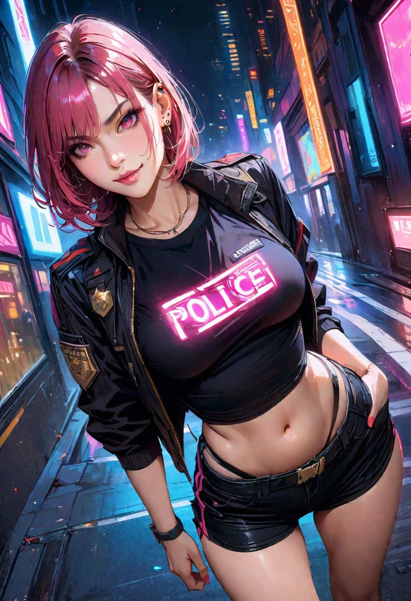 looking at viewer, police outfit, police hat, thick thighs, large breasts, sagging breasts, angled view, hands behind head, (masterpiece), (best quality:1.2), absurdres, intricate details, city, night, neon signs, cinematic lighting, (highly detailed skin:1.2)