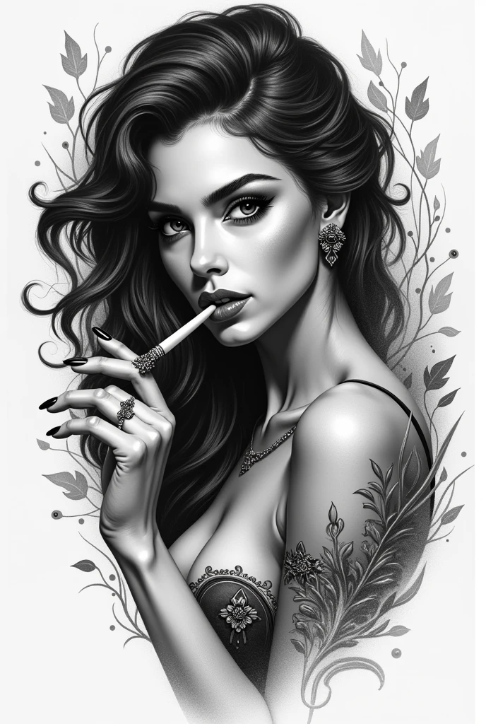 Drawing Made with Charcoal Pencil, 4k, a black and white drawing of a woman smoking a cigarette, by Dave Arredondo, elaborate ink illustration, ink art, highly detailed ink illustration, intricate and bold ink illustration, brush illustration air, highly detailed illustration, detailed ink illustration, full art illustration, highly detailed portrait, stunning detailed art style, commercial illustration, black and white ink style,