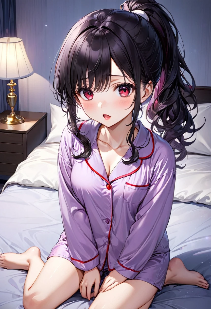 in 8K、top-quality、masterpiece、ultra-detailliert、超A high resolution、1 female、a bed、Plaid pajamas、Medium chest、Pink eyes、Sleeping on your side、sleepy、No underwear