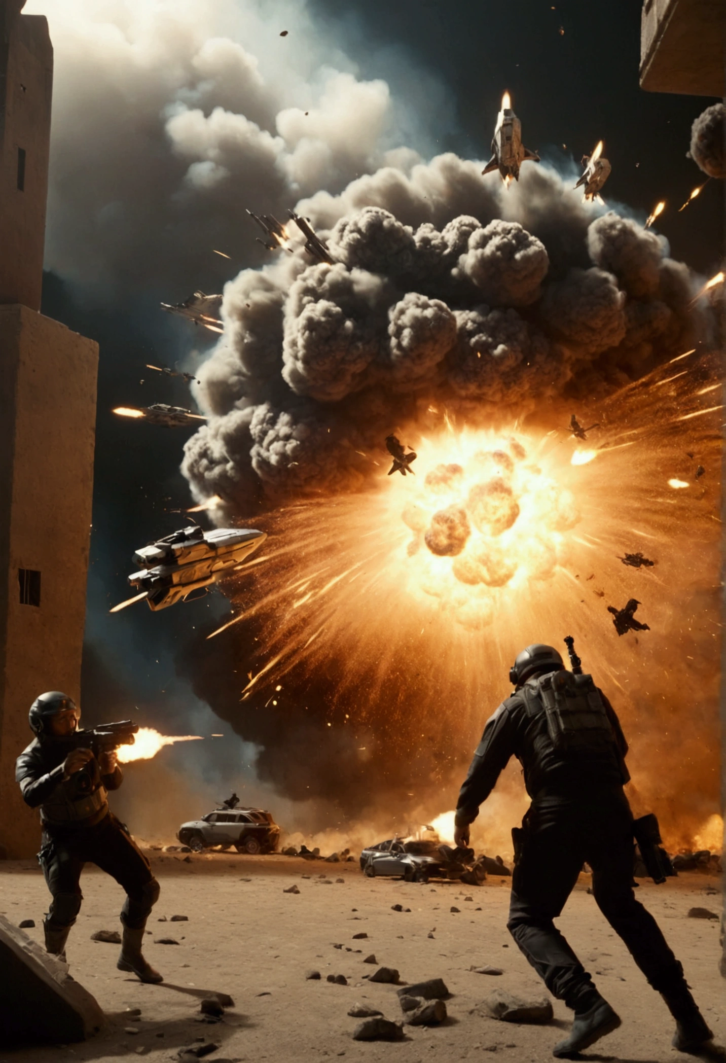 a dramatic sci-fi scene, people caught in a space battle, gunfire, explosions, special spacecraft, destruction, volumetric lighting, highly detailed, cinematic, photorealistic, 1girl, 1boy, beautiful detailed eyes, beautiful detailed lips, extremely detailed face and eyes, long eyelashes, dynamic pose, intense expression, futuristic environment, advanced technology, glowing lights, neon colors, cinematic lighting, dramatic shadows, dynamic camera angle, epic scale, intricate details, vibrant colors, sharp focus, HDR, UHD, physically-based rendering, professional artwork