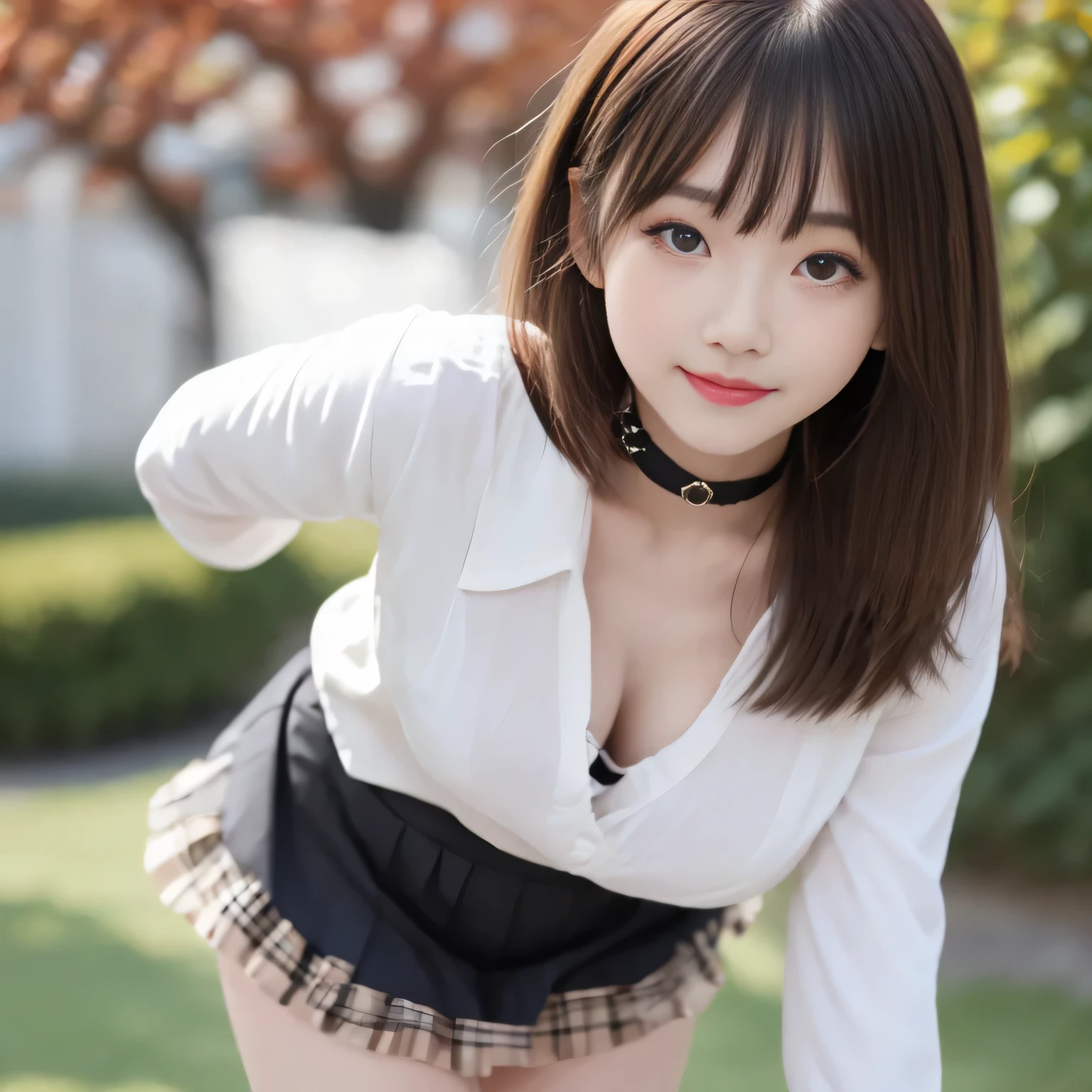 Highest quality, masterpiece, ((((alone))), (((One girl))), Pink Lips, A light smile,　Peering into the audience, Upper Body, Leaning forward, ((Sailor suit, mini skirt, JK)), Down blouse, Large Breasts, Firm breasts, Browsing Caution, Slim face, ((Layered Haircut)),（8k，Highest quality），Shot from medium distances, Adorable, Happy smile, Long brown hair, 32K, masterpiece, Best image quality, Black choker, Almond Eye, bangs, Very thick and long eyelashes, garden, blue sky, morning
