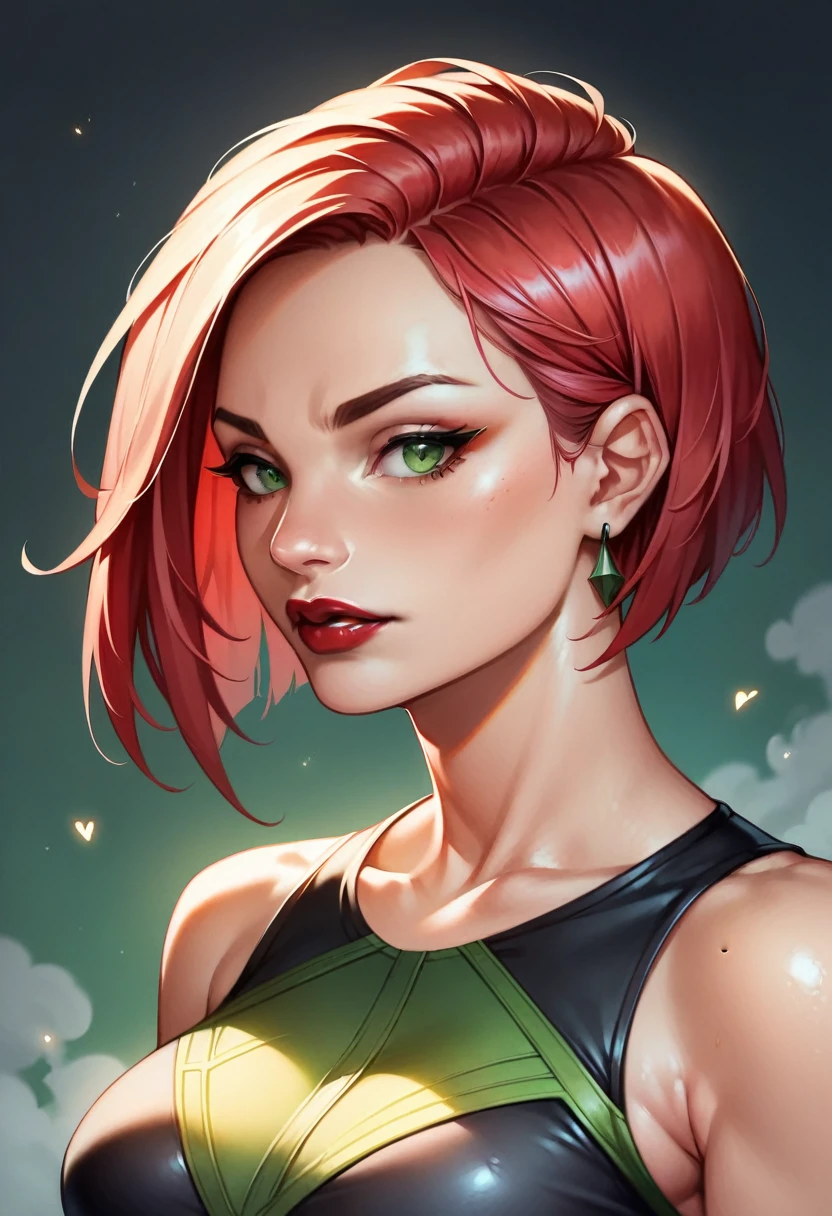 (high-level image quality), (high quality), (high resolution), (detailed), (masterpiece), beautiful woman, ((caucasian)), green eyes, red hair, short hair, dark red lipstick, busty, slender body, Detailed eyes, perfect eyes, Detailed face, sports top, black yoga pants, looking to side, portrait
