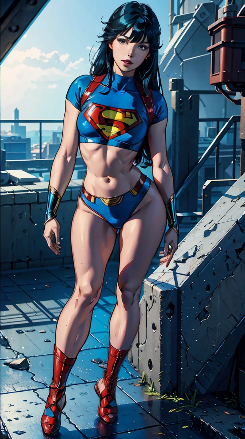 ((Full body photo, standing, feet on the ground)) hinata hyuga, as Supergirl, heroine, extremely sexy body, big ass, long hair, thick legs, flying, ((best quality of Supergirl)), ((masterpiece)), (detailed: 1.4), ..3d, an image of a beautiful blonde woman with cyberpunk blue eyes, HDR (high dynamic range), ray tracing, NVIDIA RTX, super resolution, unreal 5, subsurface scattering, PBR texture, post-processing, anisotropic filtering, depth of field, maximum clarity and sharpness, multi-layer textures, Albedo and specular maps, surface shading, accurate simulation of light-material interaction, perfect proportions, octan rendering, two-tone lighting, wide aperture, low ISO, white balance, rule of thirds, 8K GROSS, wearing Superman's S symbol on his chest.
