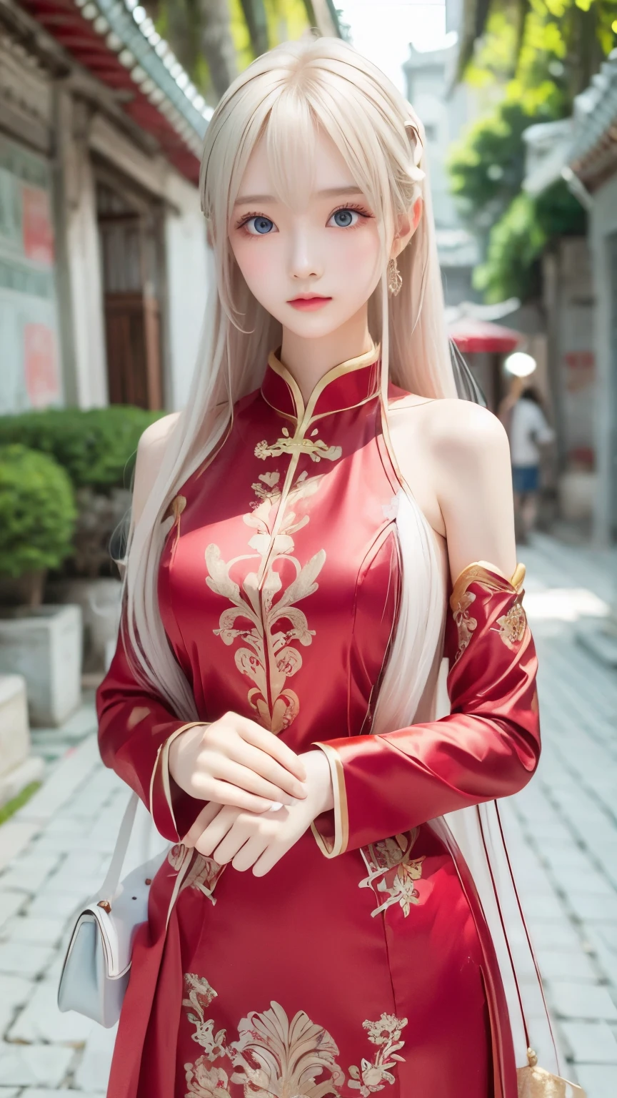 Exquisite face, red Vietnamese traditional costume, platinum blonde silk super long straight hair, beautiful shiny bangs, big clear sky blue eyes, very beautiful and bright eye highlights