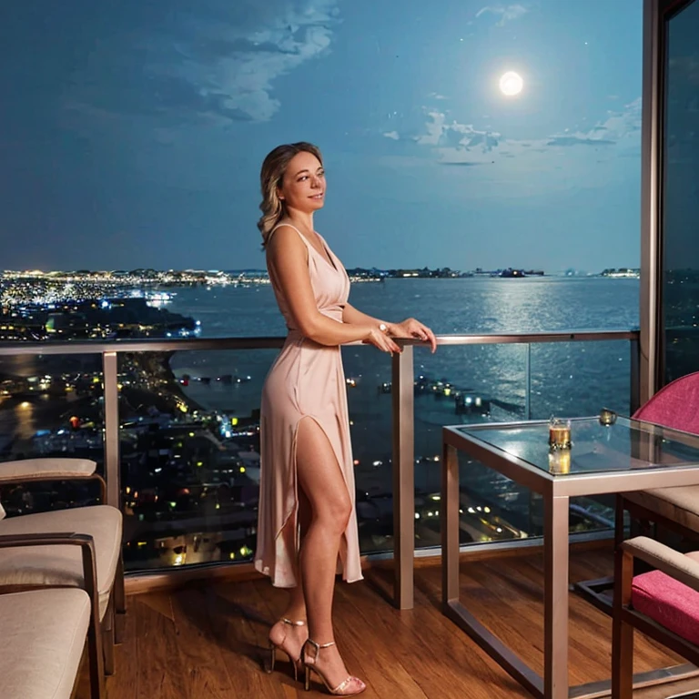 Balcony of a high-rise building. A bottle of champagne sits in a bucket of ice on a small glass table. (Champagne cooler). Glass balcony railing. deep night. The background is beautiful, realistic night city with high-rise buildings. Beautiful northern sky with clouds, Full Big Moon.
A 5 woman in an evening dress with heels stands at full height, holding a glass of champagne in the river.

8K quality, a high resolution, Realistic anatomy, Best quality, In detail, high detail, SHD-model, ultra-high transparency, realistic photo, Accurate description, bright realistic landscape, high resolution.