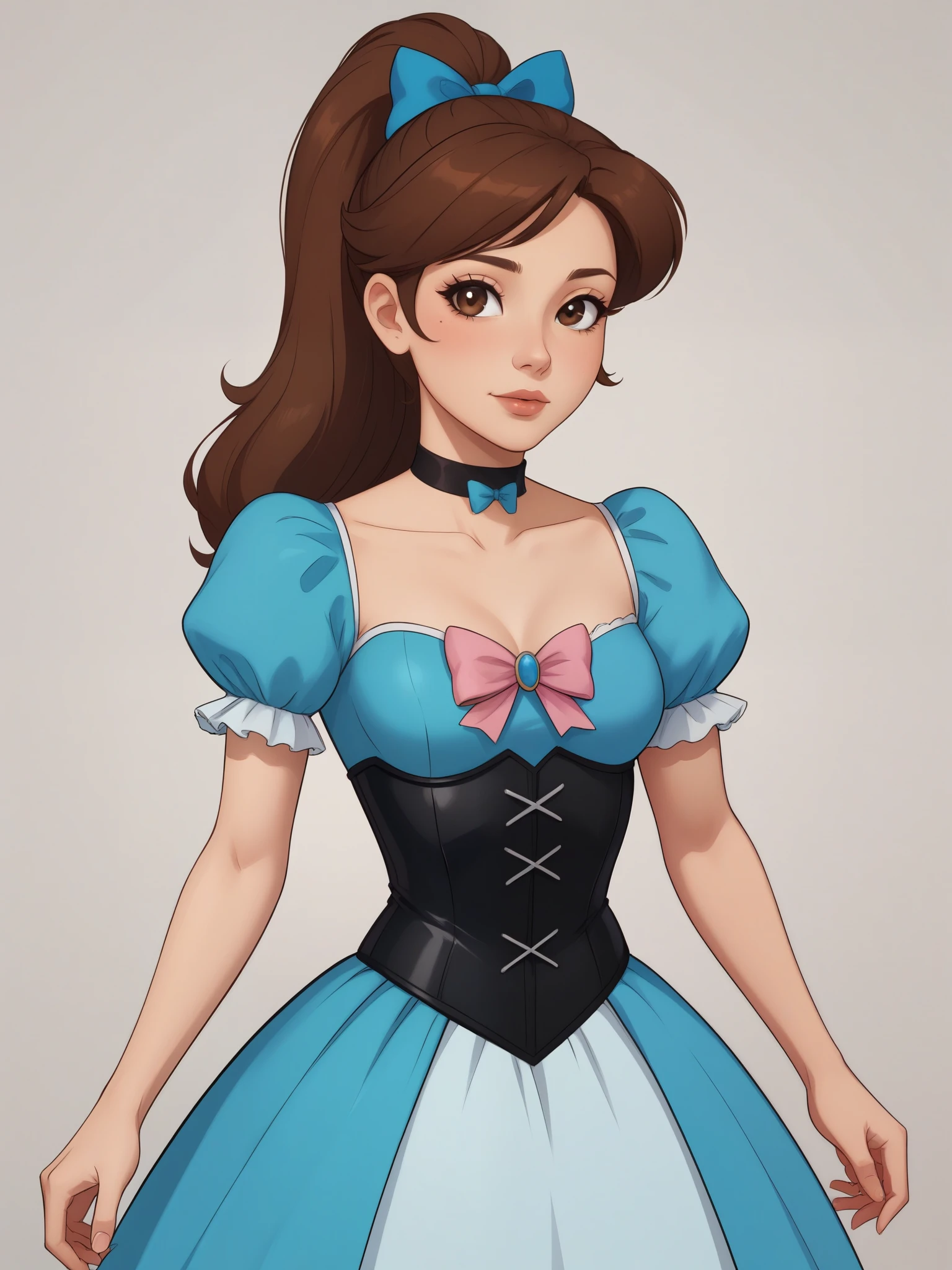 Princess Marco. brown eyes, brown hair, ponytail. small breasts. choker. bow. princess dress. latex dress. corset
