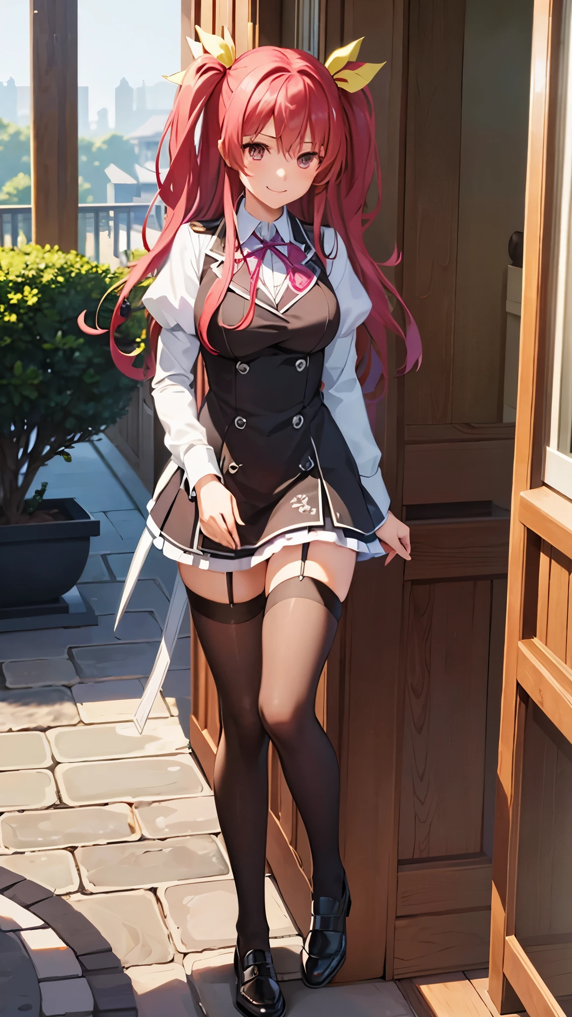 ​masterpiece、top-quality、1 girl in、stella vermillion、Uniforms、garter strap、black thighhighs、self-assured、Smiling school courtyard、is standing、cowboy  shot、a smile