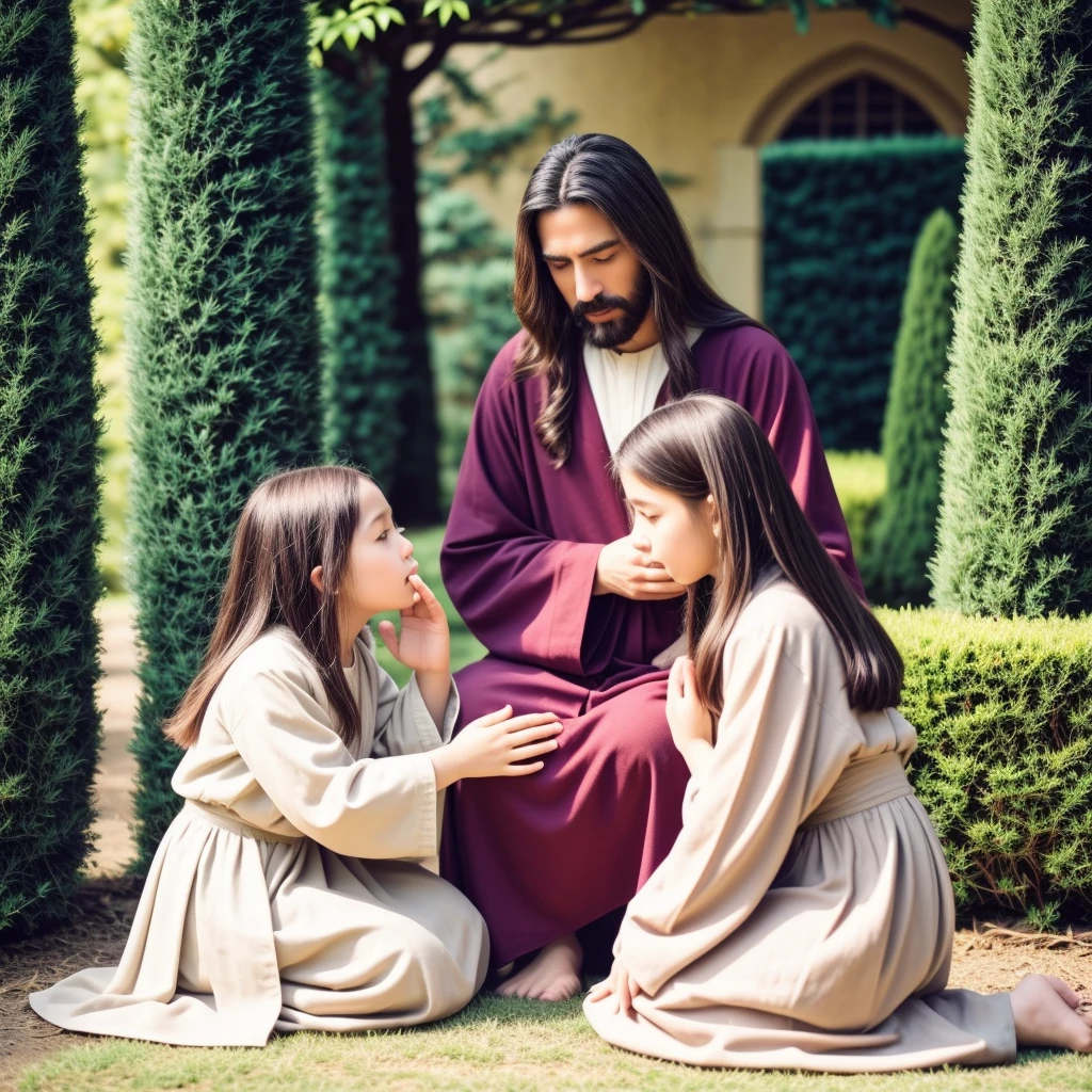 obra-prima, melhor qualidade, foto cinematográfica de Jesus em trajes de época rezando com crianças ao seu redor em um lindo jardim, fotografia, film, highres