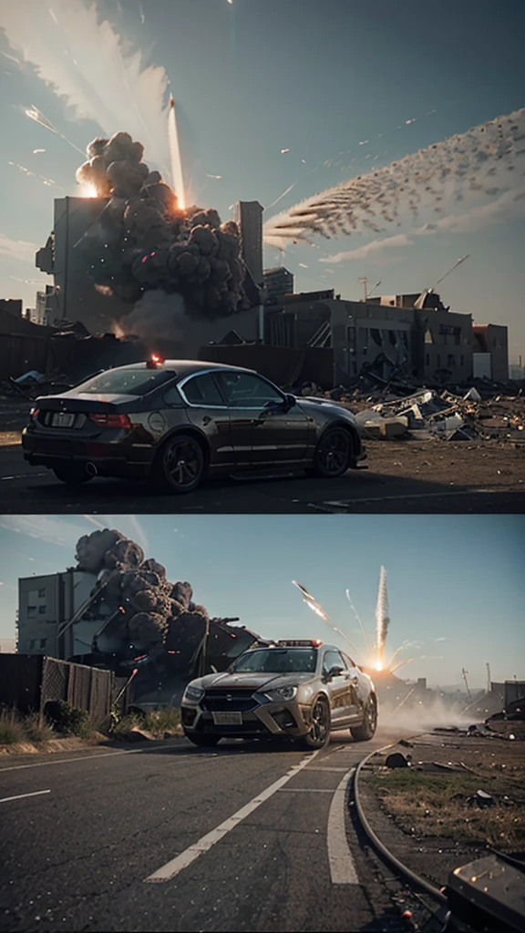 Create an action movie background with exploding buildings and cars, with airplains flying and shooting to the city, 