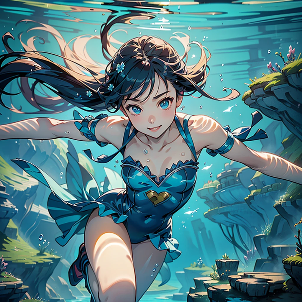 1girl、Little、cute、Absurd、Unreal、Fantasy、(((Highest quality、Masterpiece、Official Art、Super detailed、The best composition)))、Anime Style、an underwater city、Swimming towards the entrance to another world、mysterious、Face close-up、Exciting、smile、fun、