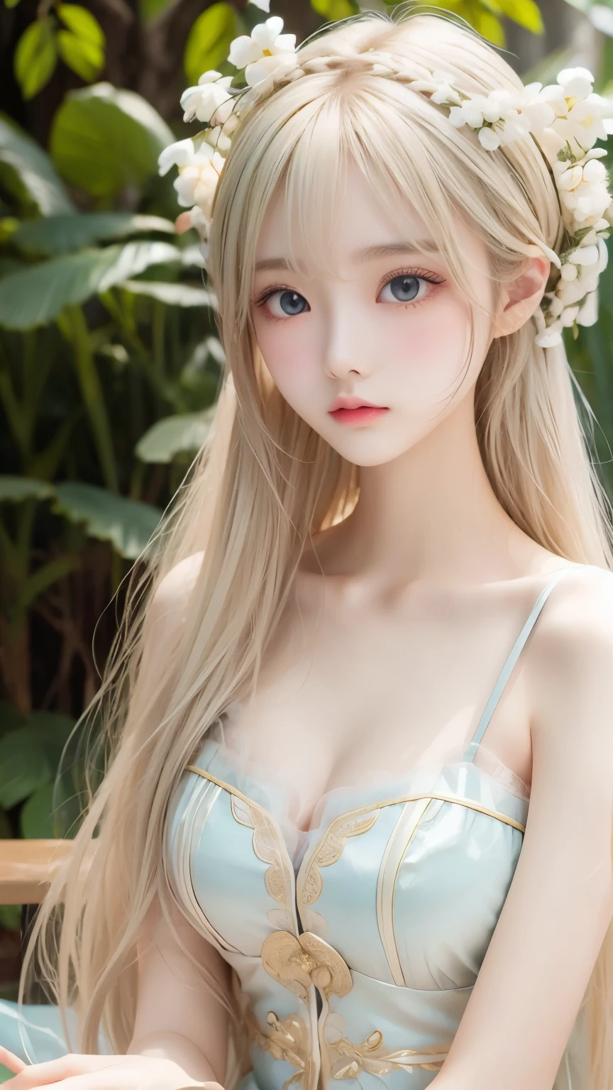 Exquisite face, yellow-green Vietnamese traditional costume, platinum blonde silk super long straight hair, beautiful shiny bangs, big clear sky blue eyes, very beautiful and bright eye highlights