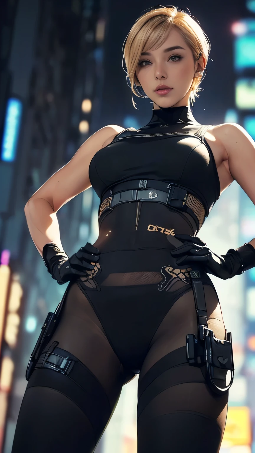 (A woman),(((Future female police officer standing))),((Black Tactical Tights:1.5)),((Camel toe:1.5)),((earphone:1.5)),((Tactical Holster:1.5)),(Gloves:1.5),(((Hands on hips:1.5))),(front:1.5),(From below:1.2),(Super short hair:1.5),(Blonde:1.5),(beautiful eyes:1.3),(Very detailedな顔:1.5),((Very detailedな女性の手の描画:1.5)),((muscular:1.5)),(Sexy look:1.5),((Thick thighs:1.5)),(Beautiful Body:1.5),((Very sensual:1.5)),(The backdrop is a futuristic city:1.5),(Cyberpunk atmosphere:1.5),(((Blurred background:1.5))),(Written border depth:1.5),rest(((masterpiece:1.5),(best quality:1.5),(Very detailed:1.5),(high resolution:1.5),(Practical:1.5),(Practical:1.5),(Delicate depiction),(carefully drawn))),8K,wallpaper