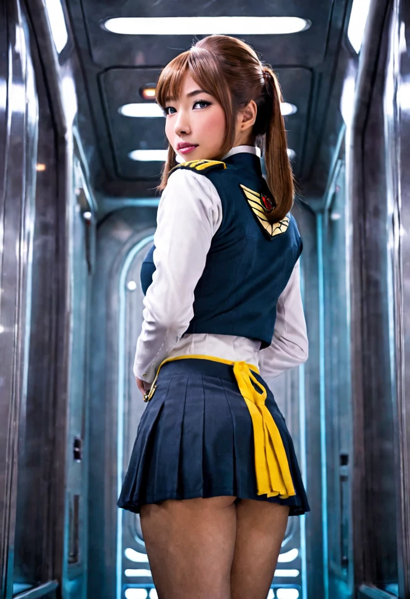 A lovely woman (Yuna, cute, sexy star fleet miniskirt uniform (1960s style)), shot from a low angle and behind sneaking a panty peek, she is going about her duties on the enterprise
