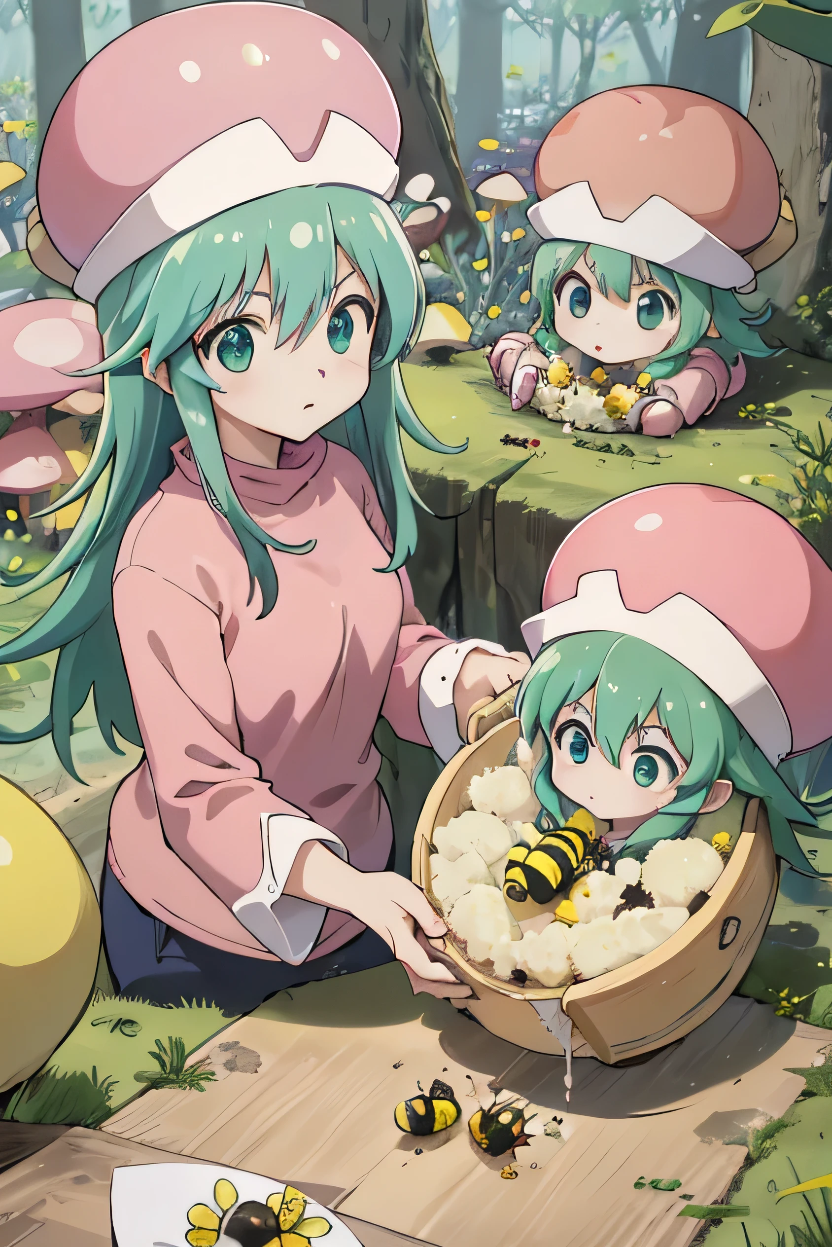 Highest quality, masterpiece, High resolution, detailed, Digital Art, HxHPonzu, Aqua Hair, Green Eyes, Have, round Have, Pink Shirt, Pink hat, Upper Body, anger, bee. 多くのbee, beeが飛ぶ, Mushroom Forest