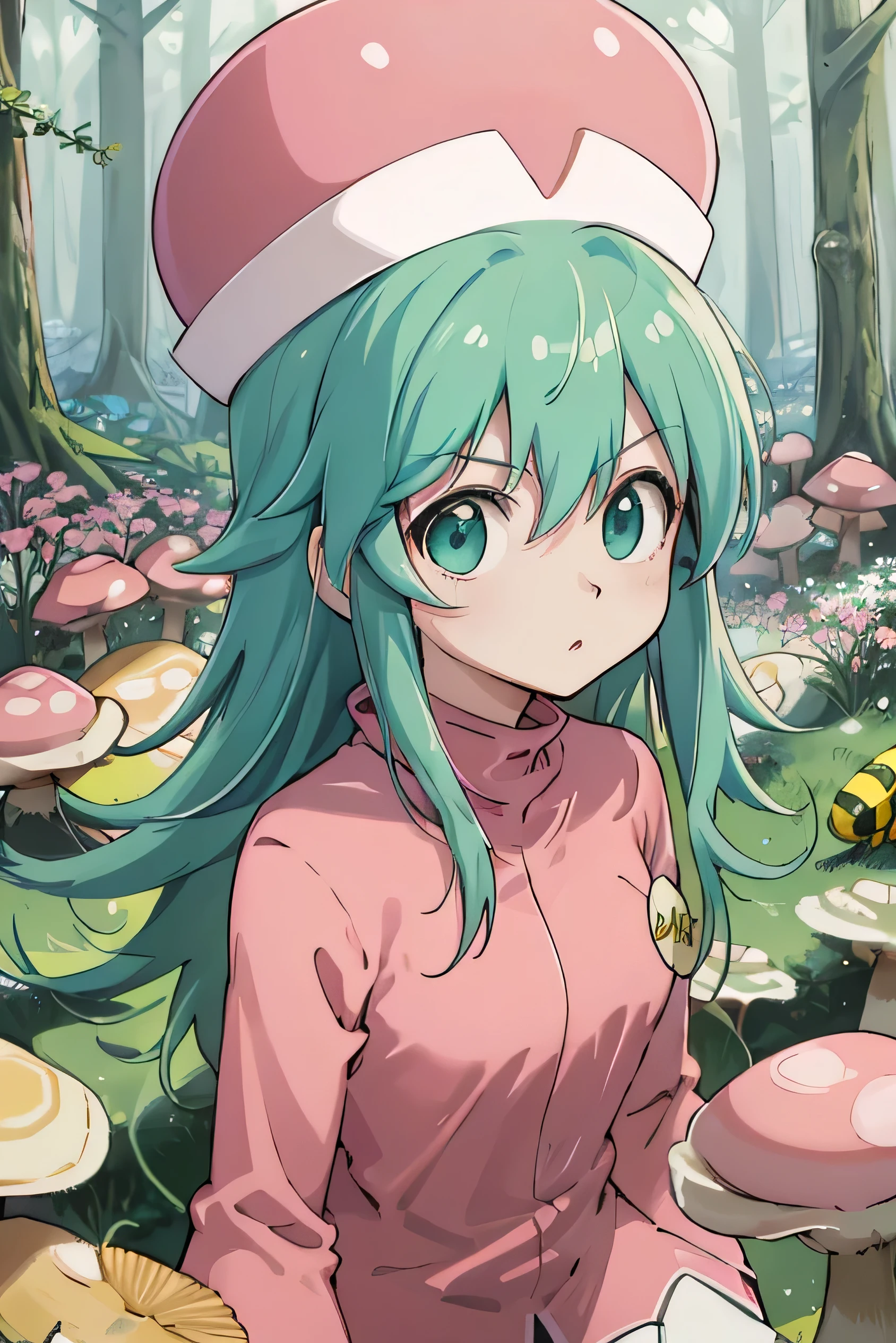 Highest quality, masterpiece, High resolution, detailed, Digital Art, HxHPonzu, Aqua Hair, Green Eyes, Have, round Have, Pink Shirt, Pink hat, Upper Body, anger, bee. 多くのbee, beeが飛ぶ, Mushroom Forest