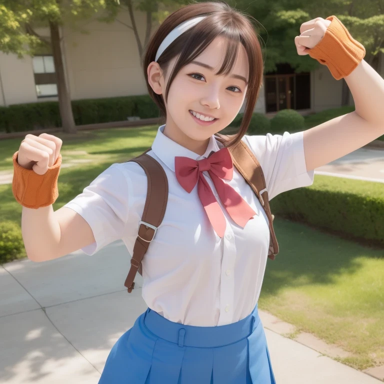 masterpiece, best quality, wakabahinata, headband, white shirt, bow, blue vest, pleated skirt, fingerless gloves, upper body, looking at viewer, school, outdoors,(full smile, smiling with mouth wide open, smiling with both eyes closed, arms wide open hugging viewer, expressing happiness with whole body)