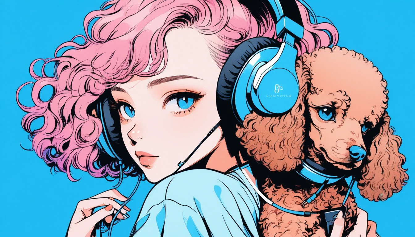 Illustrator, anime , Realistic ,sketch , Headphones on,A girl holding a big brown poodle, ,lip, T-shirt,order,Textured Trim, (masterpiece,Highest quality) Blue background, Neon Hair,Textured Trim, Canadian, (masterpiece,Highest quality) Cancer，
