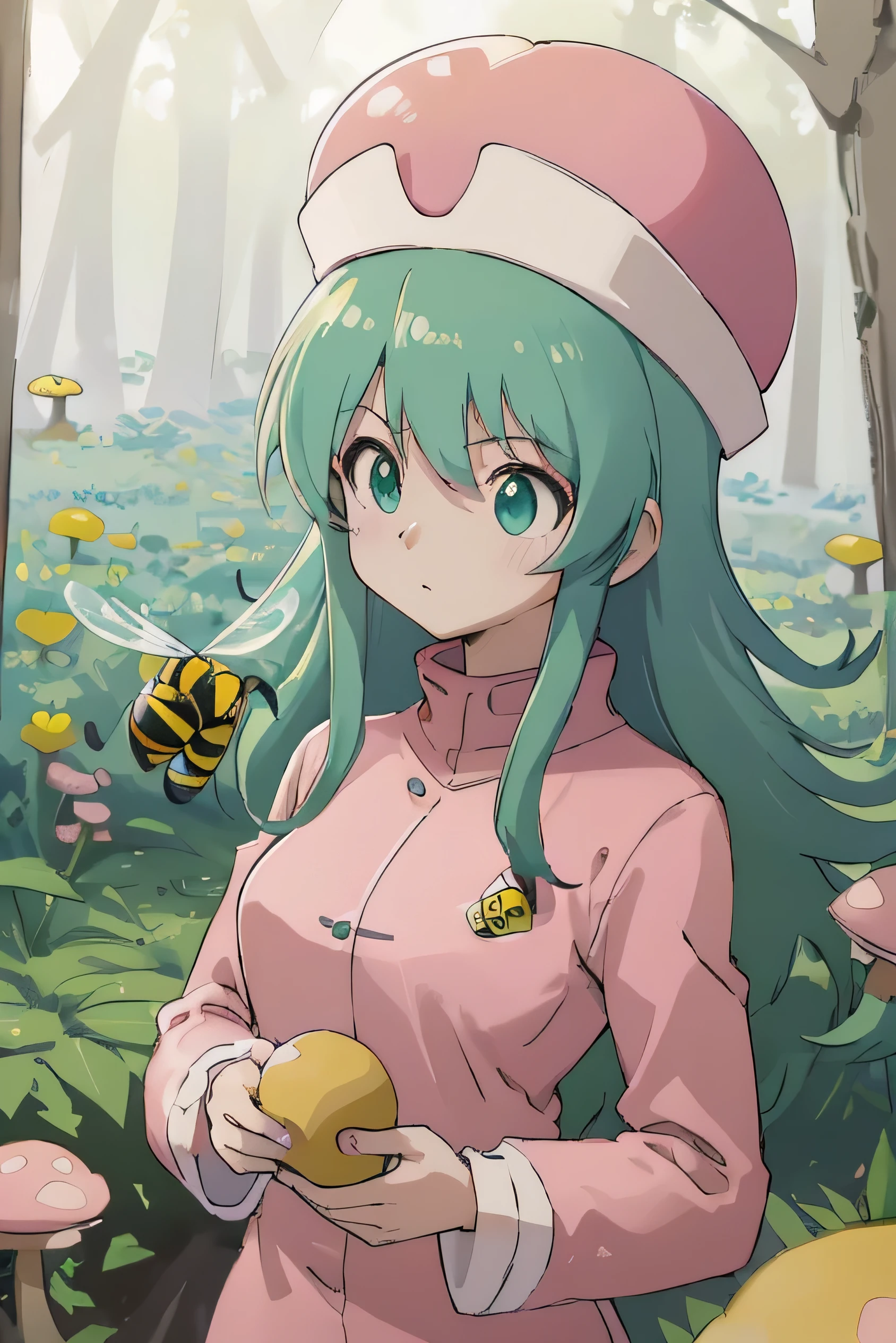 Highest quality, masterpiece, High resolution, detailed, Digital Art, HxHPonzu, Aqua Hair, Green Eyes, Have, round Have, Pink Shirt, Pink hat, Upper Body, anger, bee. 多くのbee, beeが飛ぶ, Mushroom Forest