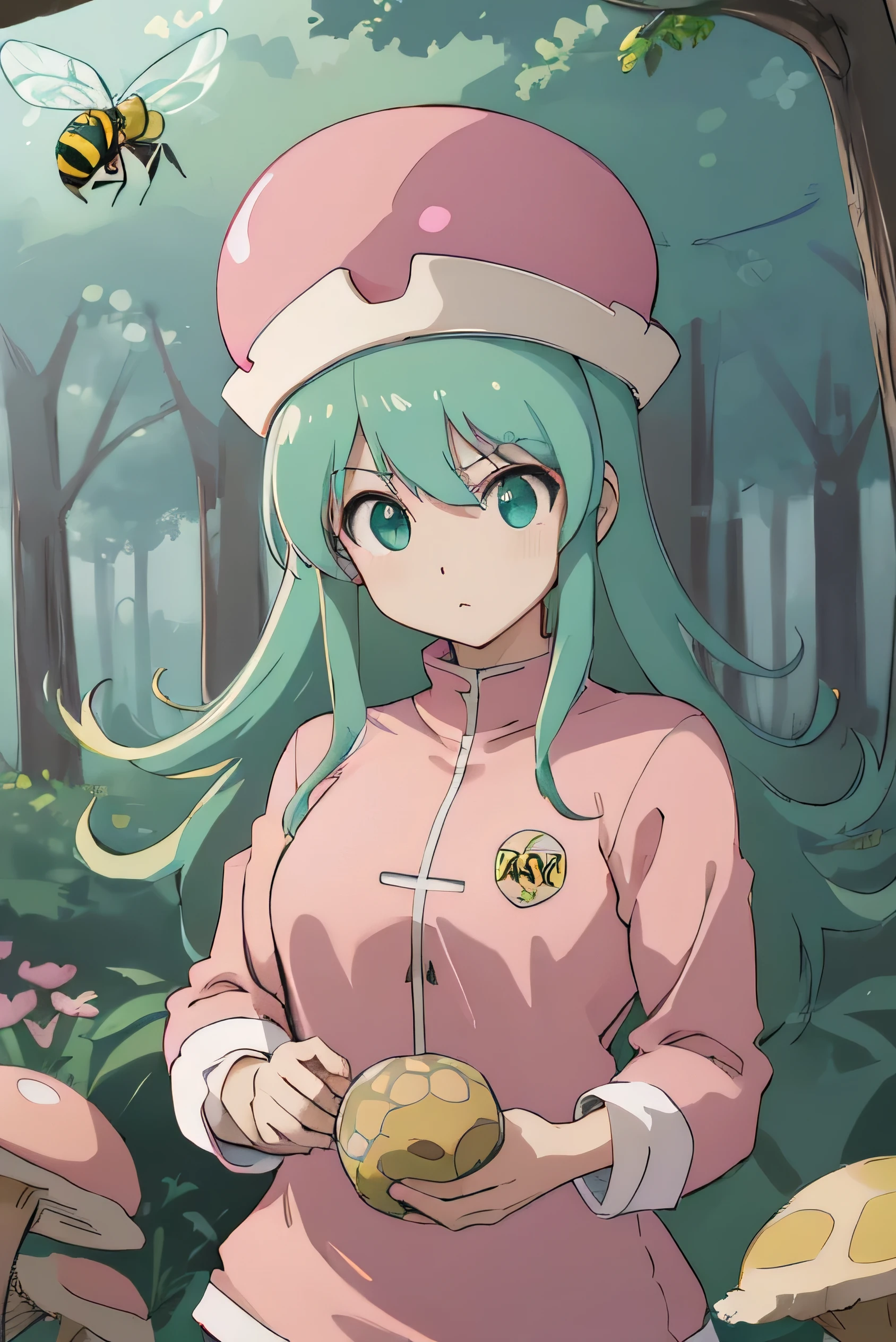 Highest quality, masterpiece, High resolution, detailed, Digital Art, HxHPonzu, Aqua Hair, Green Eyes, Have, round Have, Pink Shirt, Pink hat, Upper Body, anger, bee. 多くのbee, beeが飛ぶ, Mushroom Forest